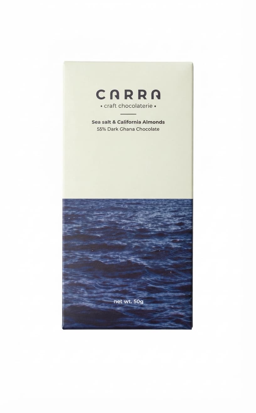 Sea Salt & California Almonds 55% 55% dark bar packaging by Carra