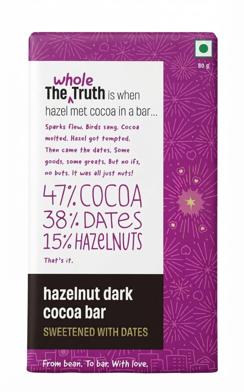 Hazelnut Dark 47% dark bar packaging by The Whole Truth