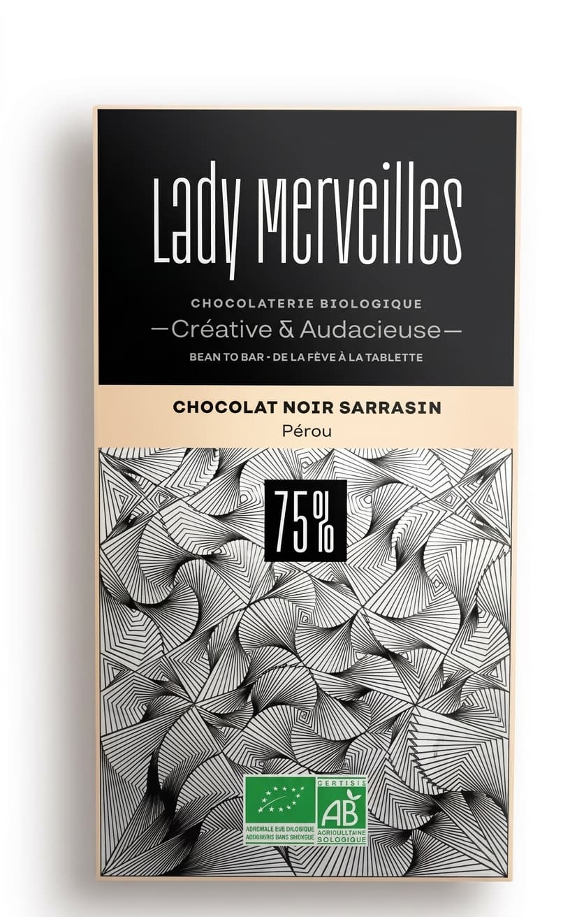 Chocolat Noir Sarrasin 75% 75% dark bar packaging by Lady Merveilles