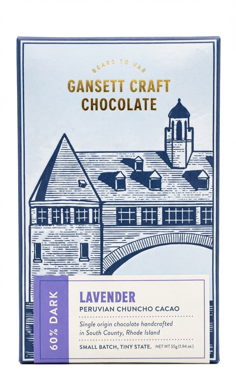 Lavender Chuncho 60% dark bar packaging by Gansett Craft Chocolate