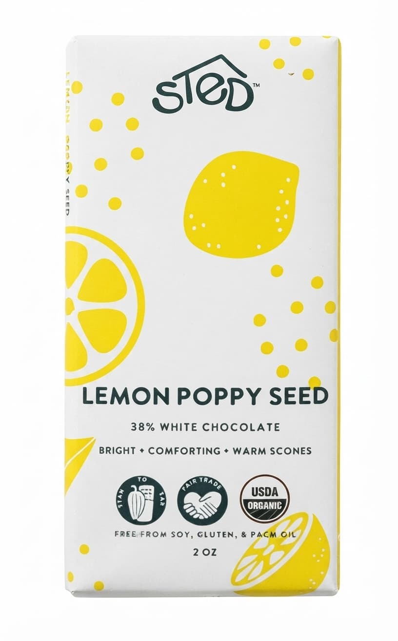 Lemon Poppy Seed 38% white bar packaging by Sted