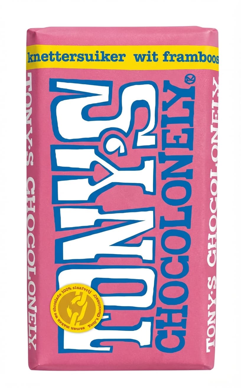 White Raspberry Popping Sugar 28% white bar packaging by Tony's Chocolonely