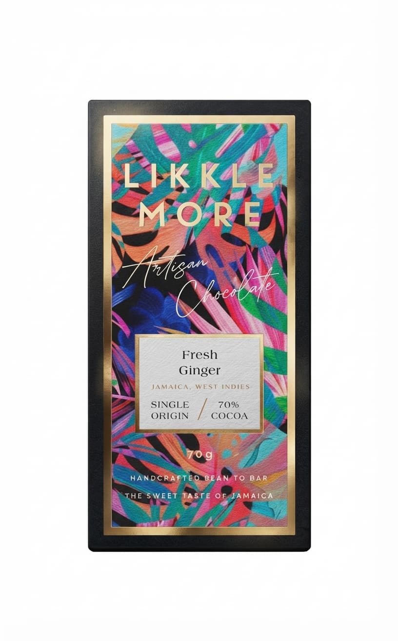 Fresh Ginger 70% 70% dark bar packaging by Likkle More