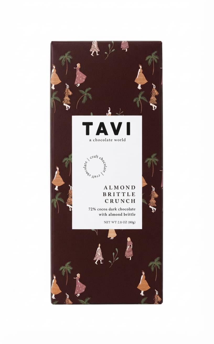 Almond Brittle Crunch 72% 72% dark bar packaging by TAVI