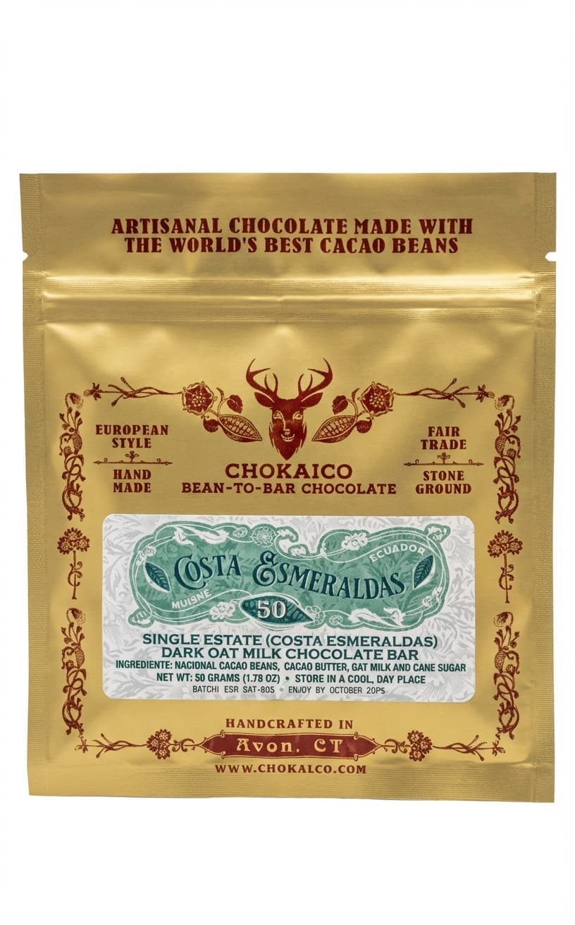 Costa Esmeraldas Dark Oat Milk Chocolate 50% milk bar packaging by Chokaico