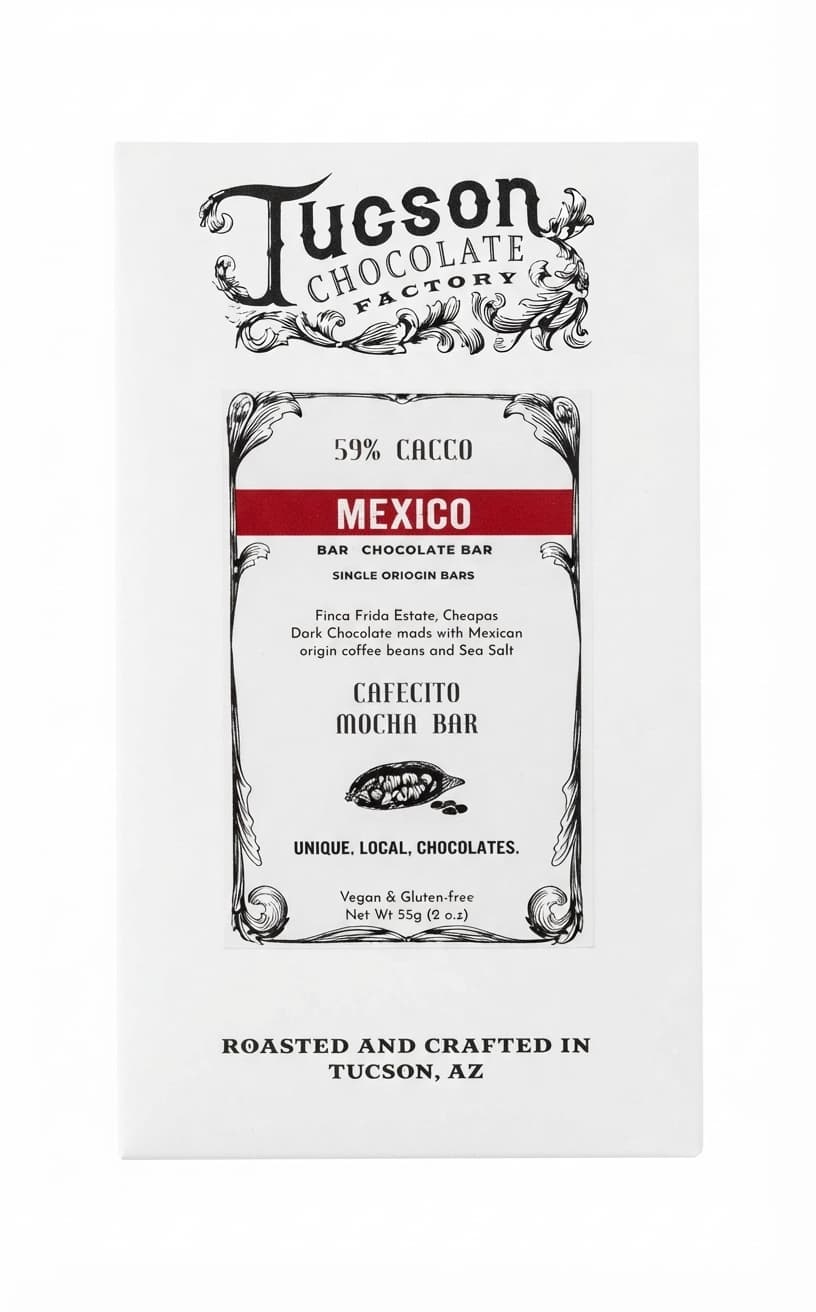 Mexico Cafecito 59% 59% dark bar packaging by Tucson Chocolate Factory
