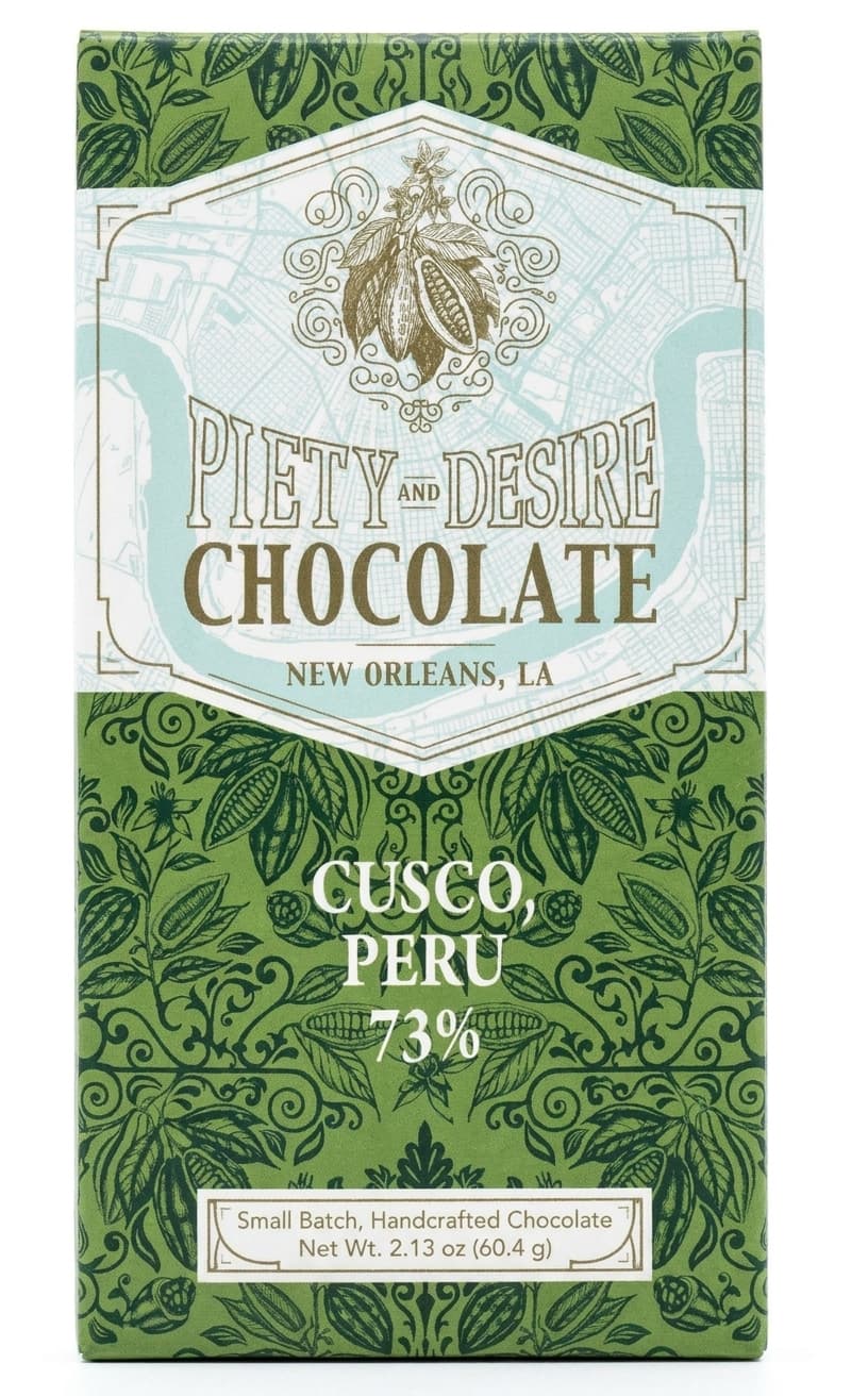 Cusco 73% 73% dark bar packaging by Piety and Desire Chocolate