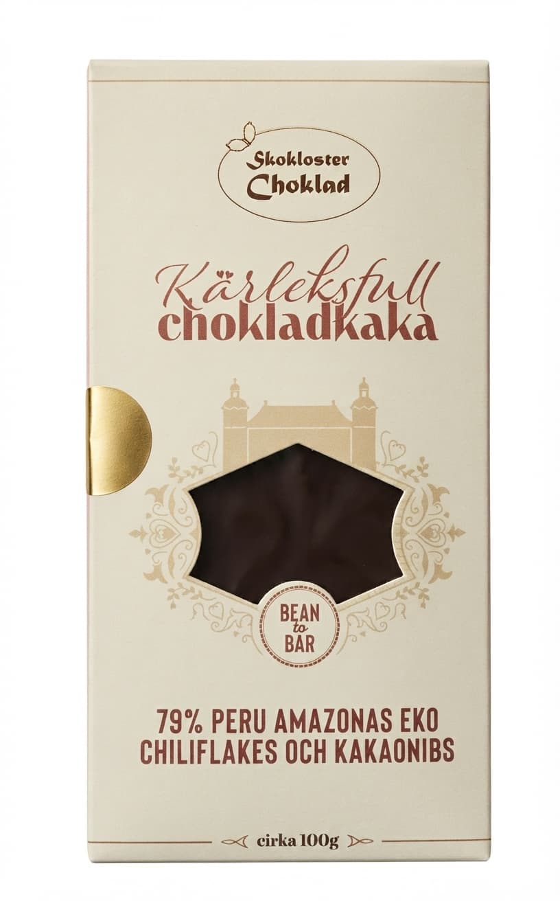 Kärleksfull Chokladkaka 79% 79% dark bar packaging by Skokloster Choklad