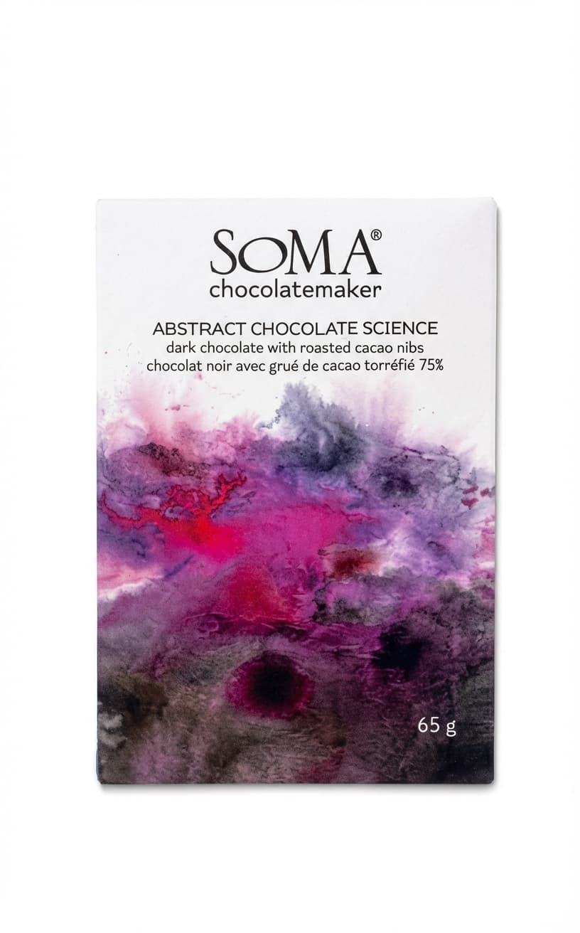 Abstract Chocolate Science with Roasted Cacao Nibs 75% dark bar packaging by SOMA