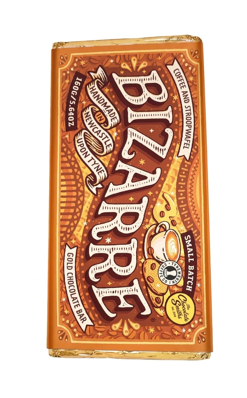 Bizarre Coffee and Stroopwafel null% milk bar packaging by The Chocolate Smiths