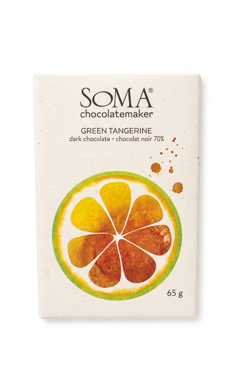 Green Tangerine 70% dark bar packaging by SOMA