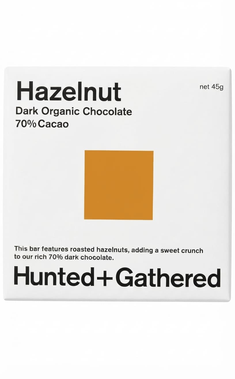 Hazelnut 70% 70% dark bar packaging by Hunted + Gathered