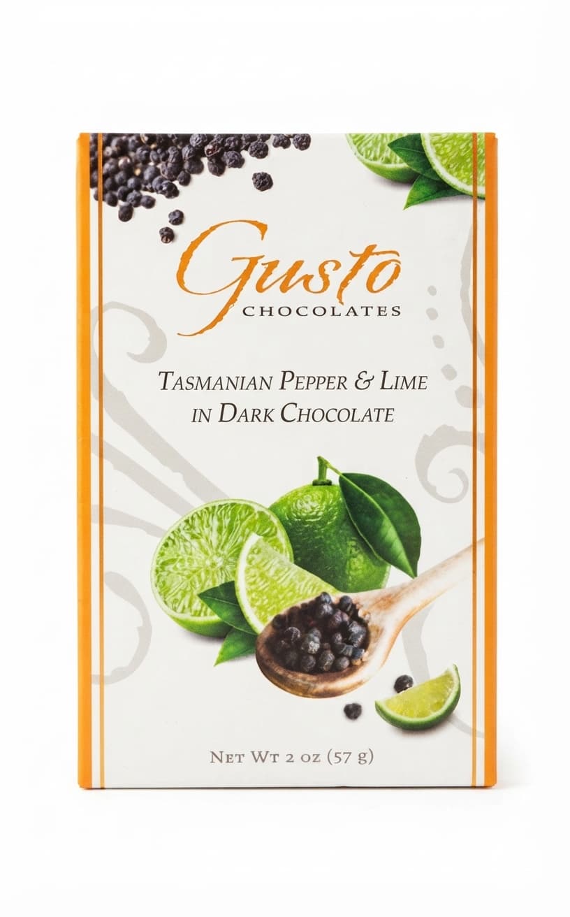Tasmanian Pepper & Lime null% dark bar packaging by Forté Chocolate