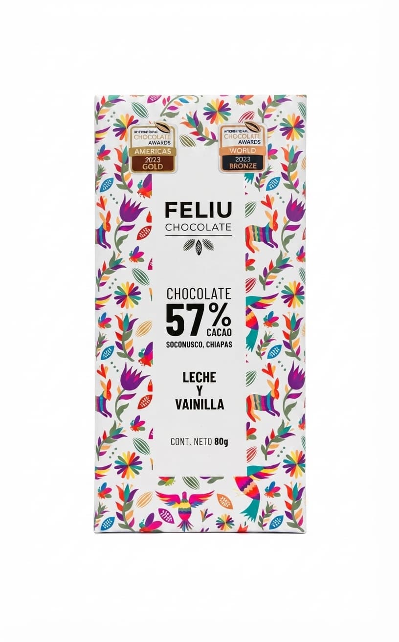Leche y Vainilla 57% 57% milk bar packaging by Feliu Chocolate