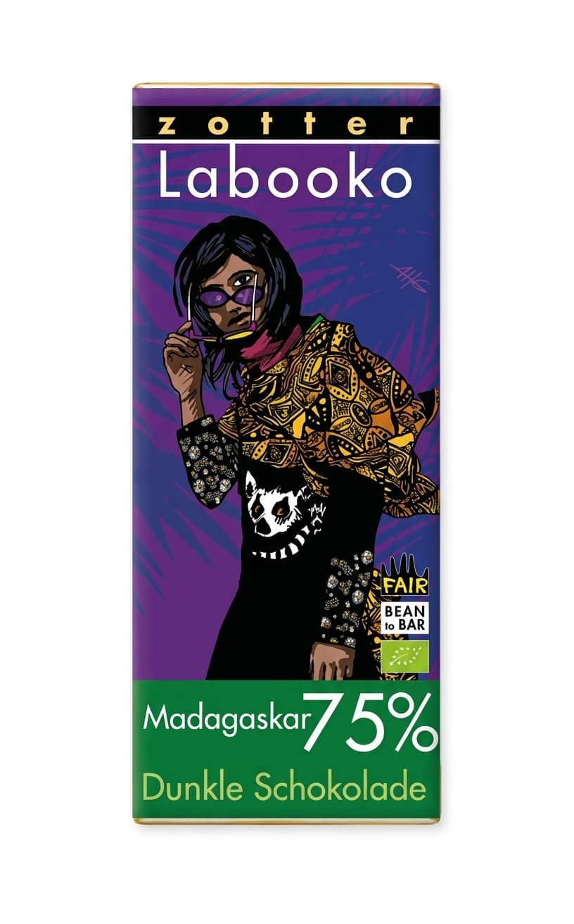 Labooko Madagascar 75% 75% dark bar packaging by Zotter
