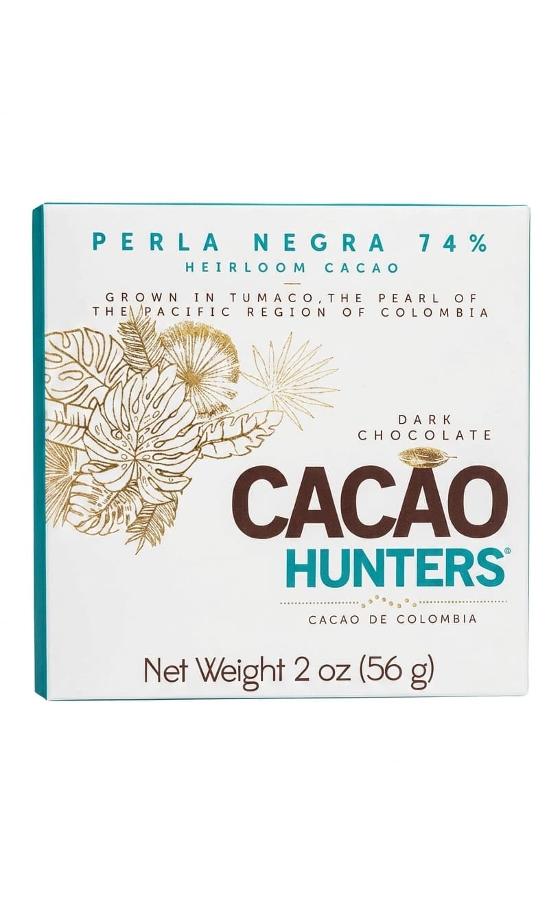 Perla Negra 74% 74% dark bar packaging by Cacao Hunters