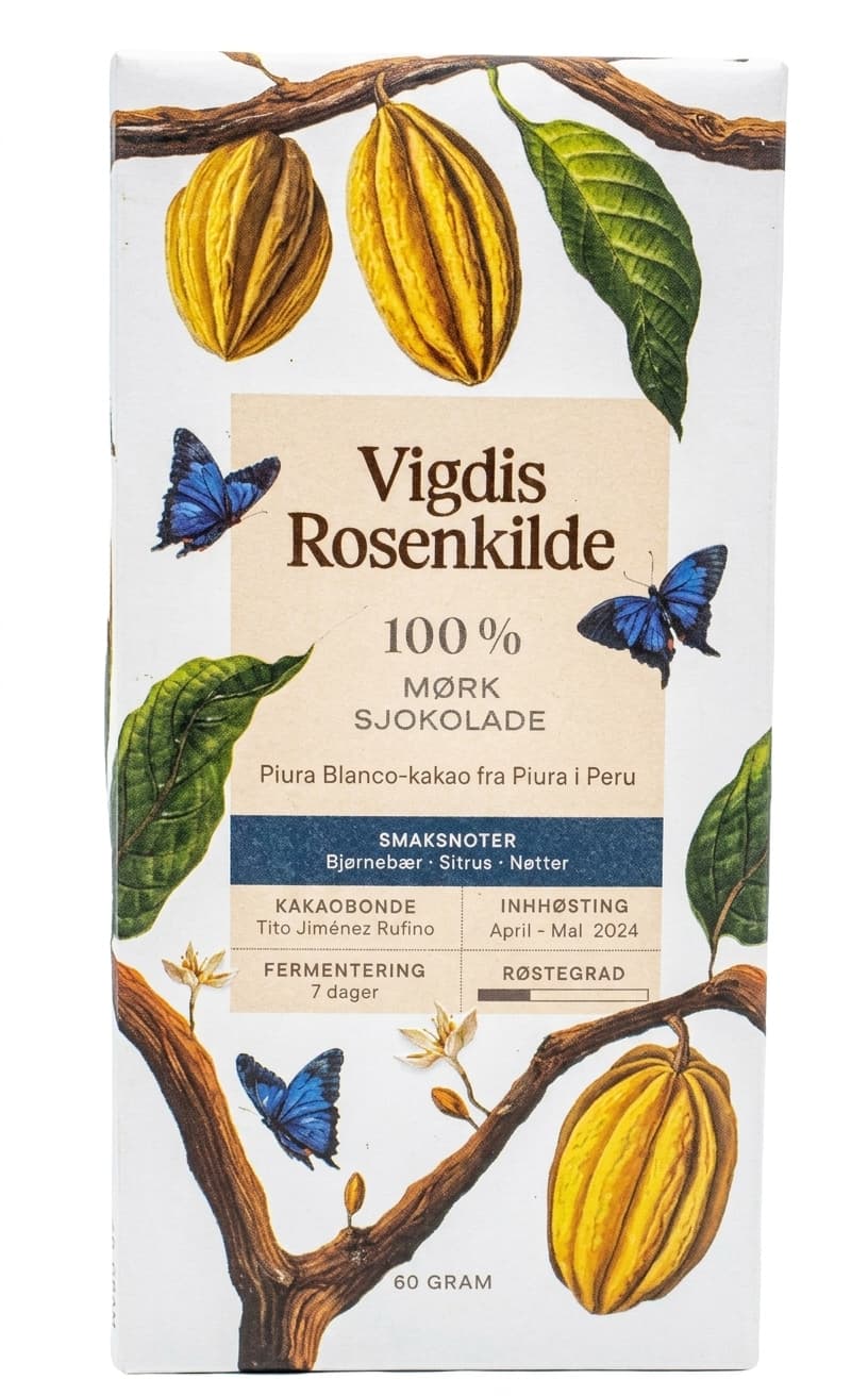 100% Piura Blanco 100% dark bar packaging by Vigdis Rosenkilde