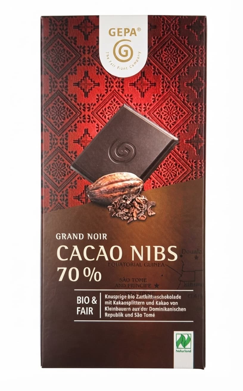 Grand Noir Cacao Nibs 70% 70% dark bar packaging by GEPA