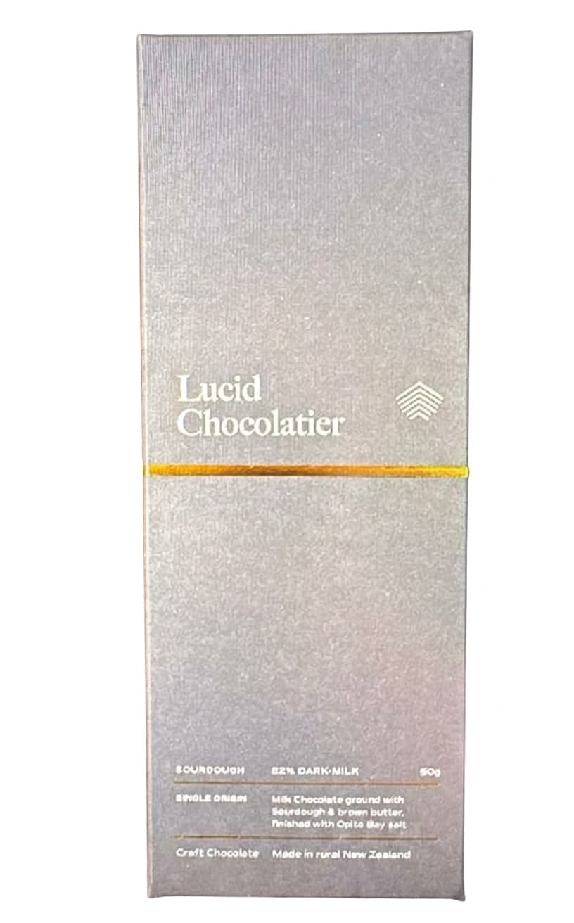 Sourdough 52% Dark Milk 52% milk bar packaging by Lucid Chocolatier