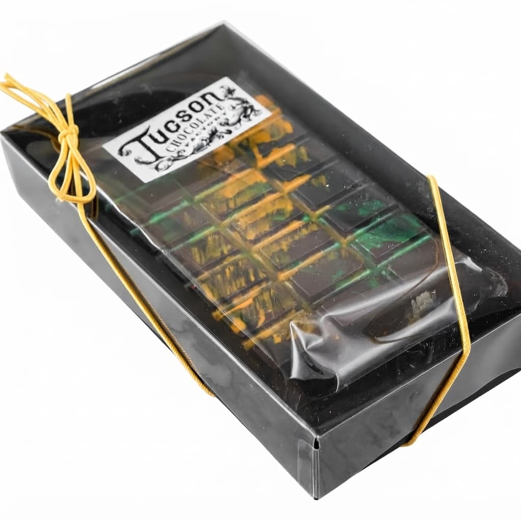 Dubai Pistachio & Knafeh Dark null% dark bar packaging by Tucson Chocolate Factory