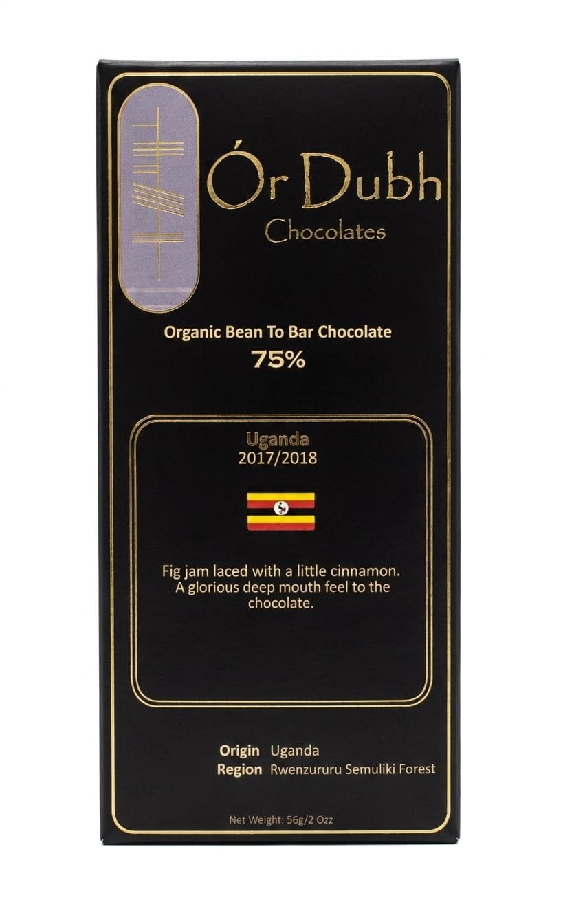 Fig Jam & Cinnamon 75% 75% dark bar packaging by Ór Dubh Chocolate
