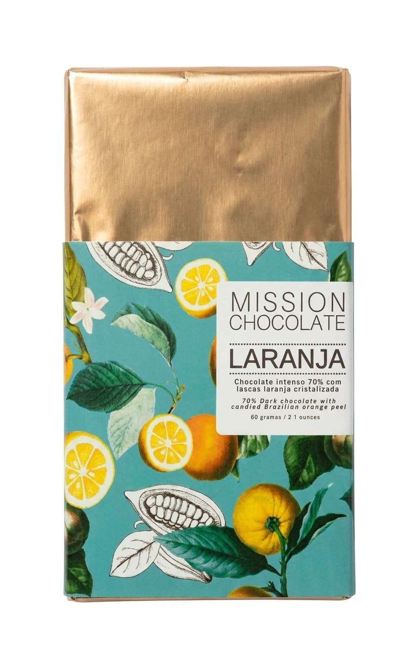 Laranja 70% 70% dark bar packaging by Mission Chocolate