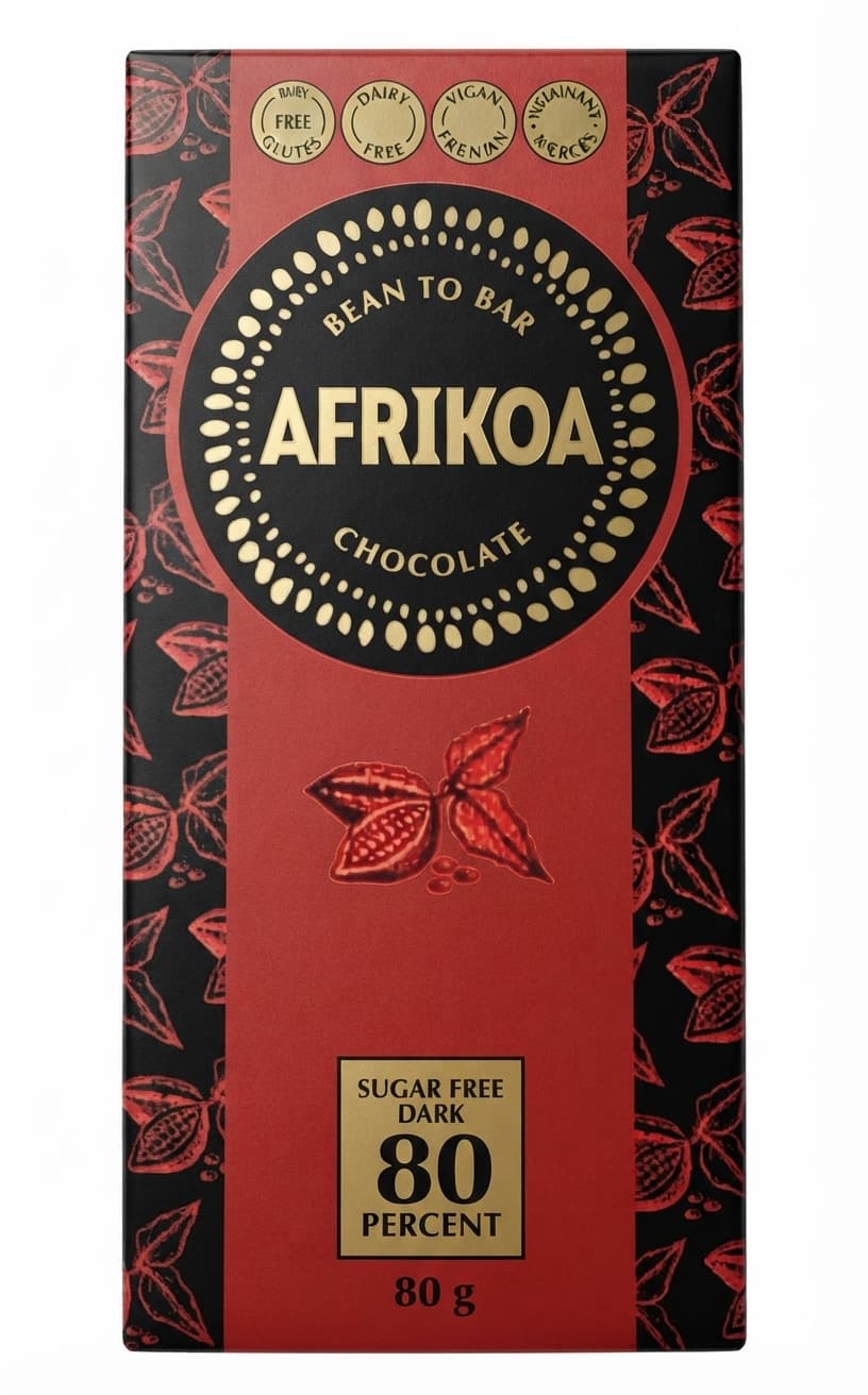 Sugar Free Dark 80% 80% dark bar packaging by Afrikoa