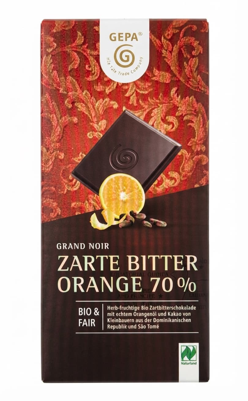 Grand Noir Orange 70% 70% dark bar packaging by GEPA