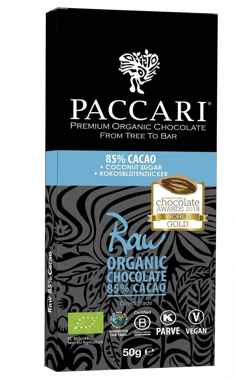 Raw 85% Cacao Coconut Sugar 85% dark bar packaging by Paccari