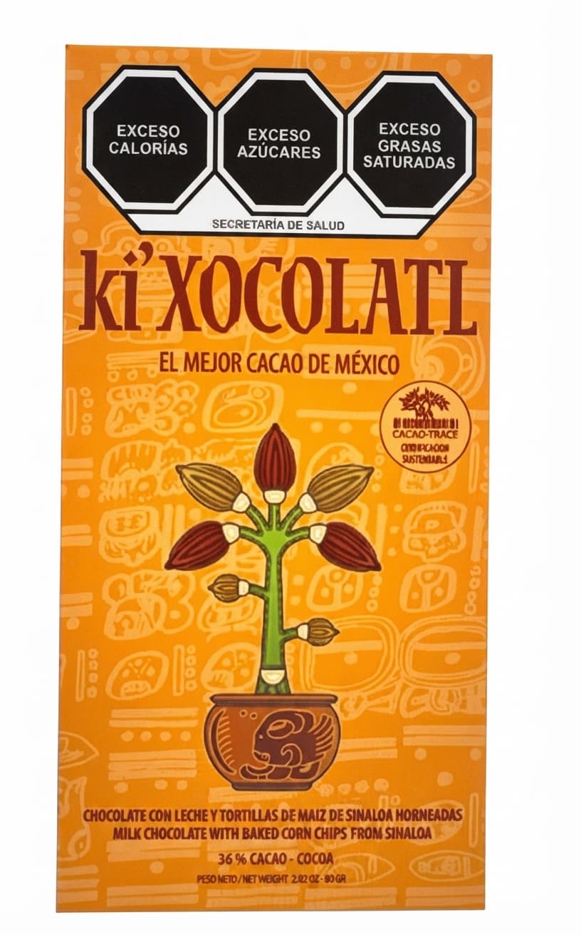 Milk Chocolate with Baked Corn Chips 36% milk bar packaging by Ki'Xocolatl