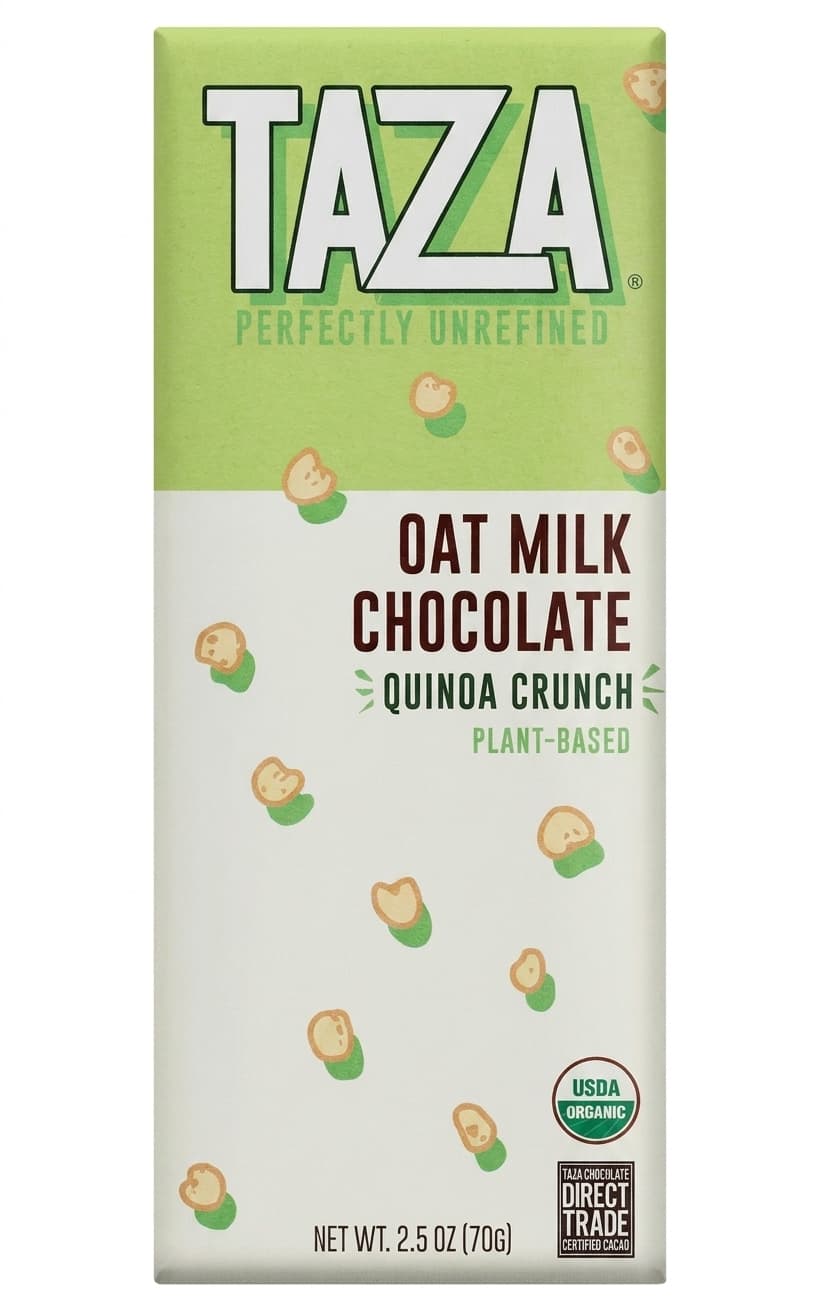 Oat Milk Quinoa Crunch 49% milk bar packaging by Taza