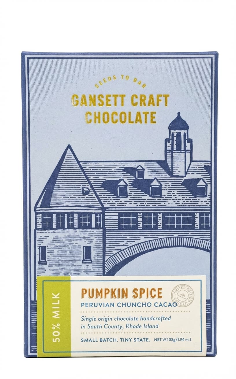 Pumpkin Spice Peruvian Chuncho Cacao 50% milk bar packaging by Gansett Craft Chocolate