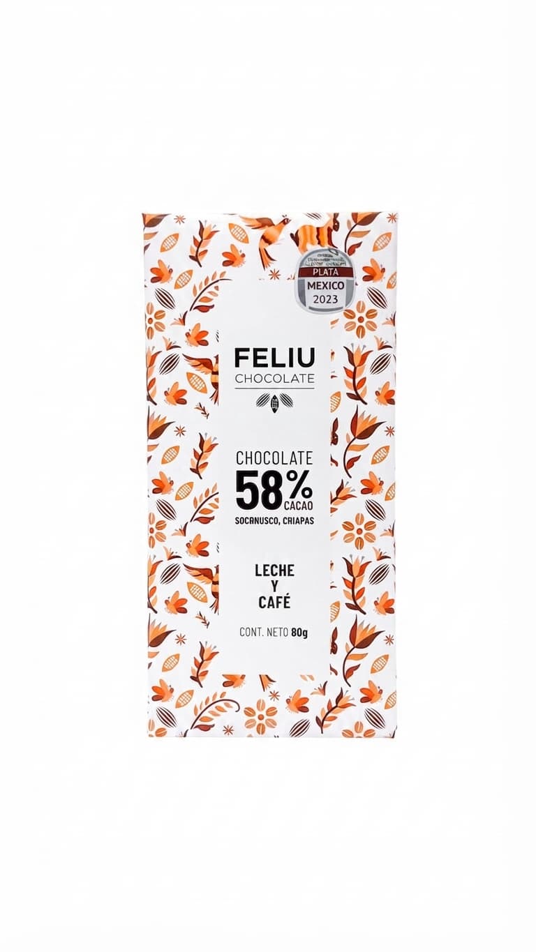 Leche y Café 58% 58% milk bar packaging by Feliu Chocolate