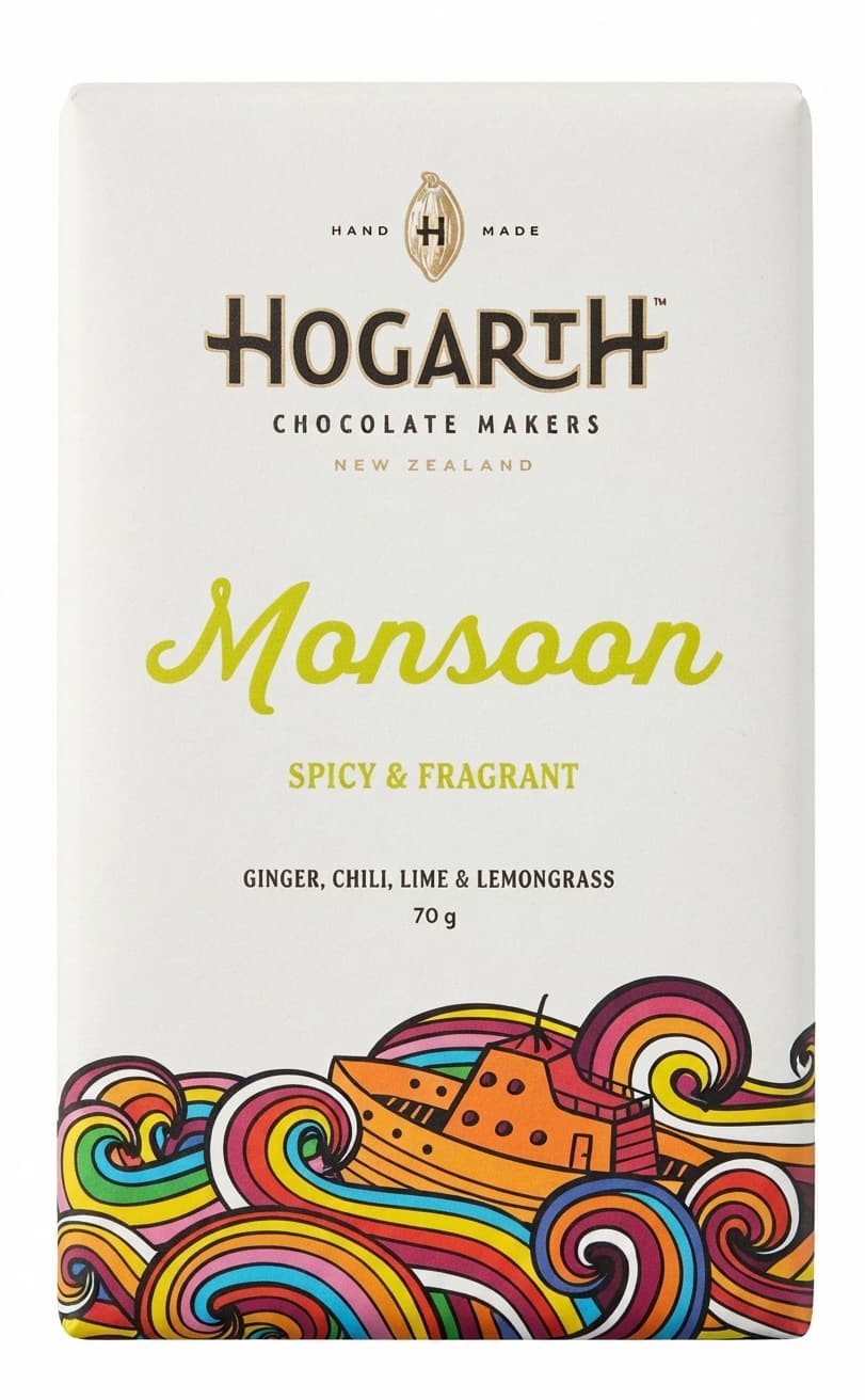 Monsoon 66% dark bar packaging by Hogarth