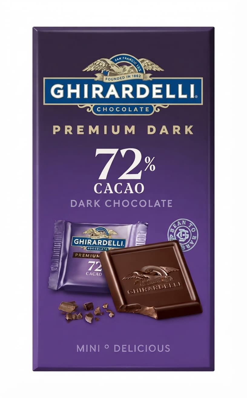 Premium Dark 72% 72% dark bar packaging by Ghirardelli