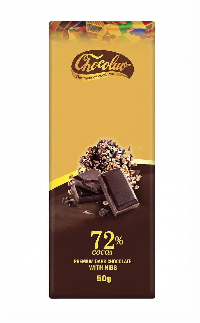 Nibs 72% 72% dark bar packaging by Chocoluv