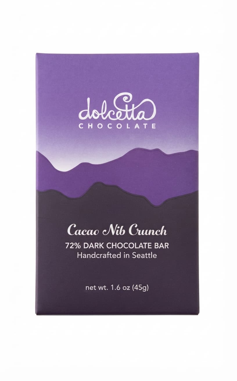 Cacao Nib Crunch 72% 72% dark bar packaging by Dolcetta Chocolate