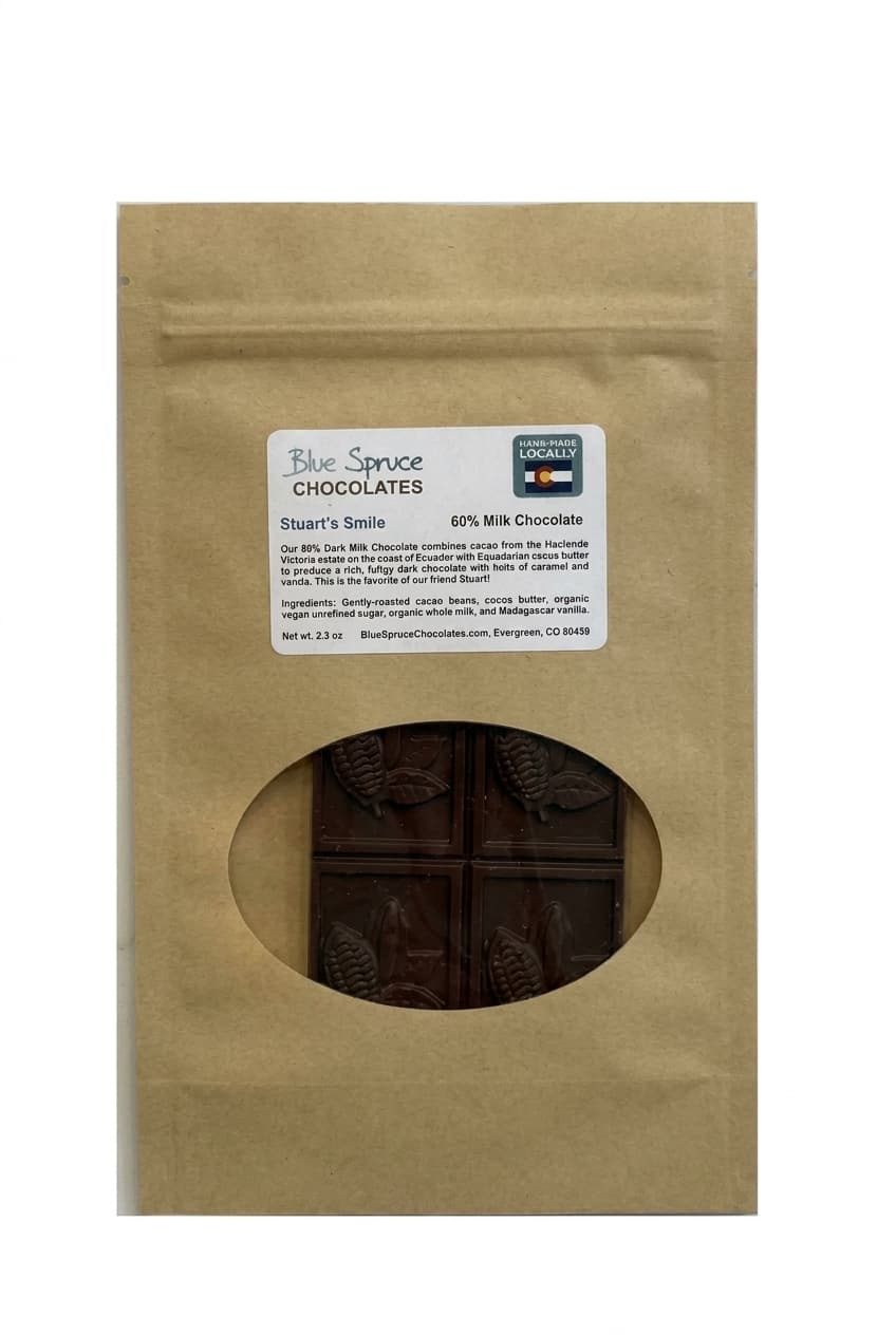 Stuart's Smile 60% milk bar packaging by Blue Spruce Chocolates