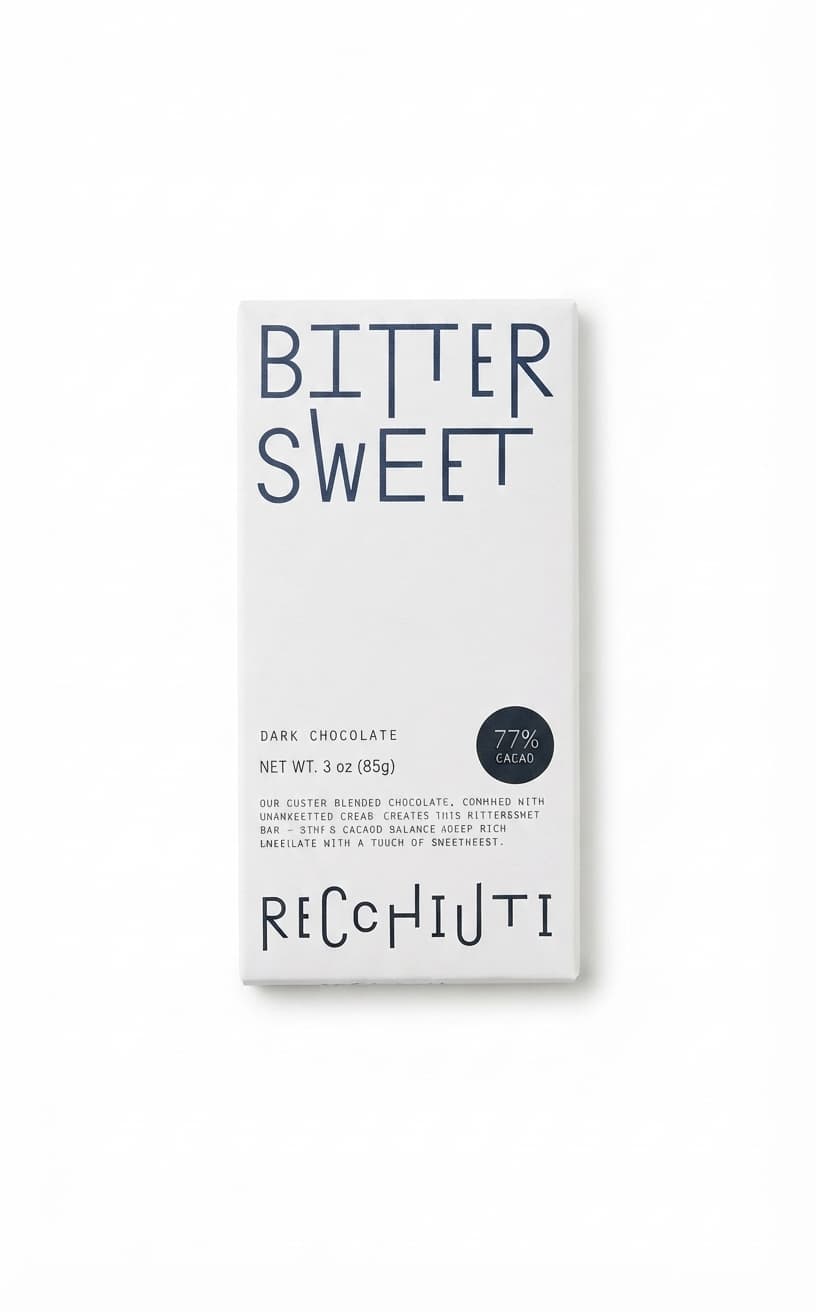 Bittersweet 77% 77% dark bar packaging by Recchiuti Confections