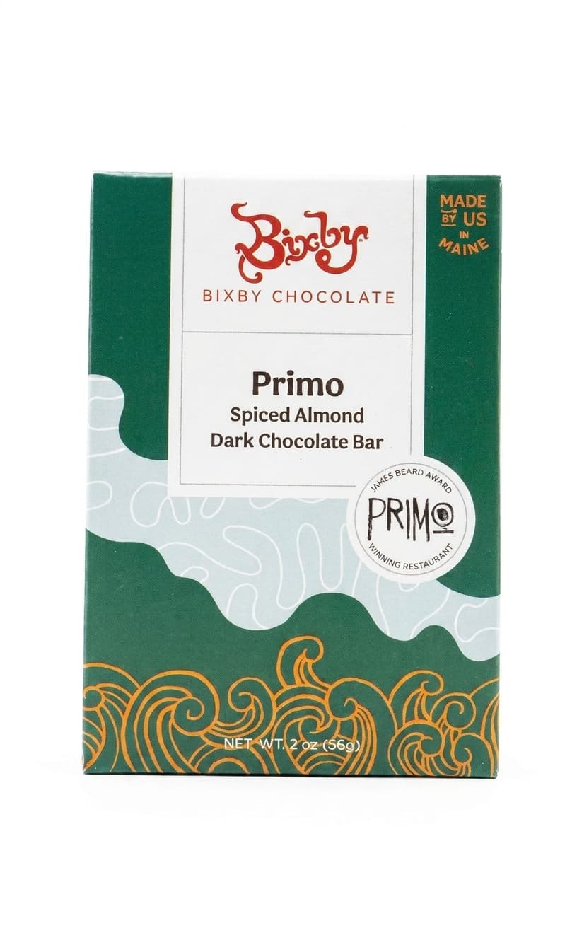 Primo Spiced Almond 70% dark bar packaging by Bixby Chocolate