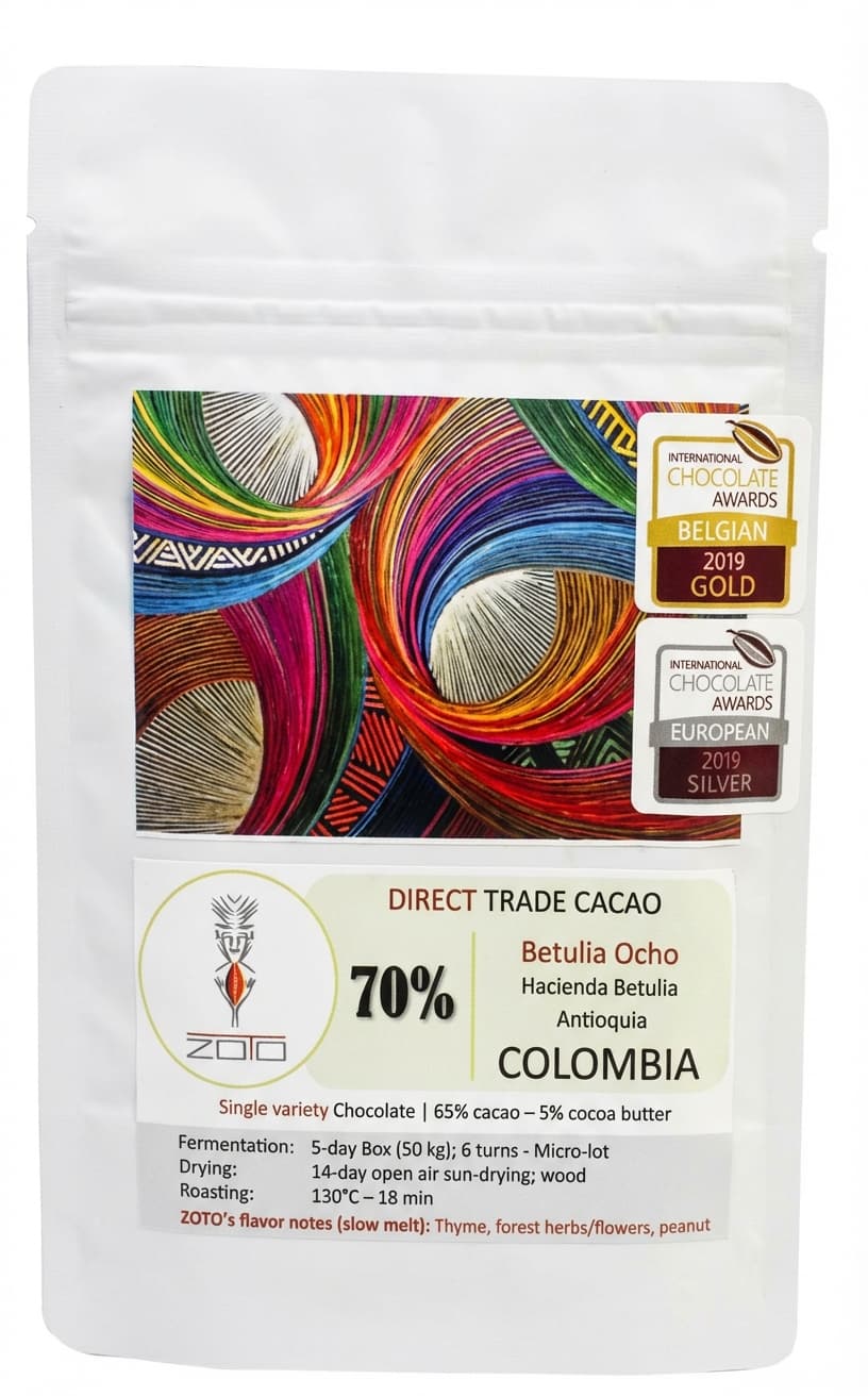 Betulia Ocho 70% dark bar packaging by ZOTO