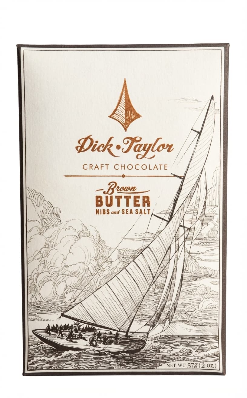 Brown Butter Nibs and Sea Salt 73% dark bar packaging by Dick Taylor
