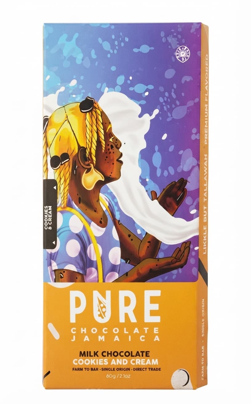 Cookies and Cream null% milk bar packaging by Pure Chocolate Jamaica