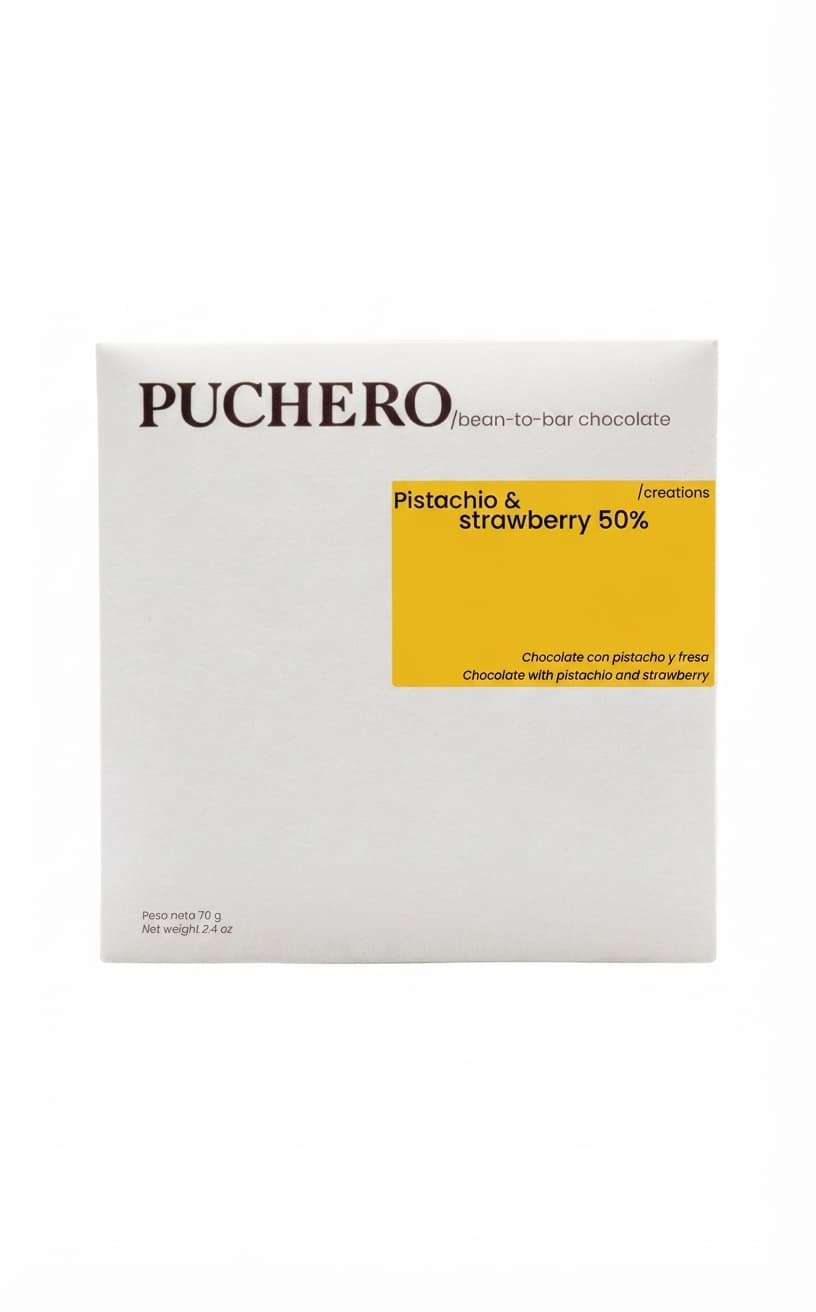 Pistachio & Strawberry 50% 50% dark bar packaging by Puchero