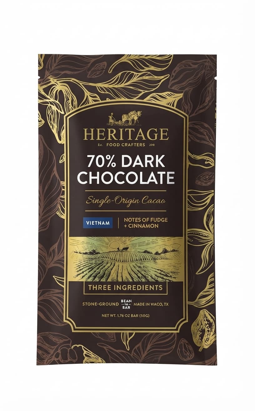 Vietnam 70% 70% dark bar packaging by Heritage Food Crafters
