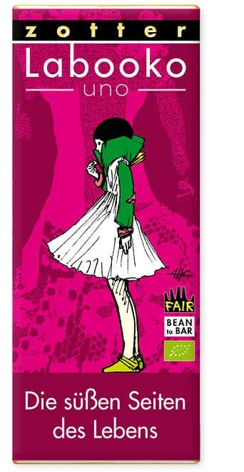 Labooko UNO Raspberry-Coconut The sweet side of life null% dark bar packaging by Zotter