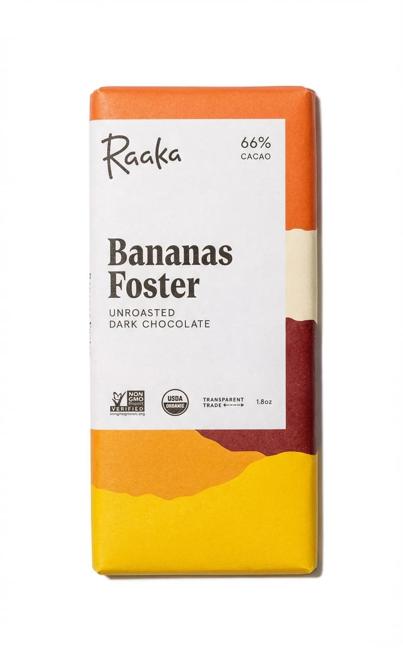Bananas Foster 66% dark bar packaging by Raaka