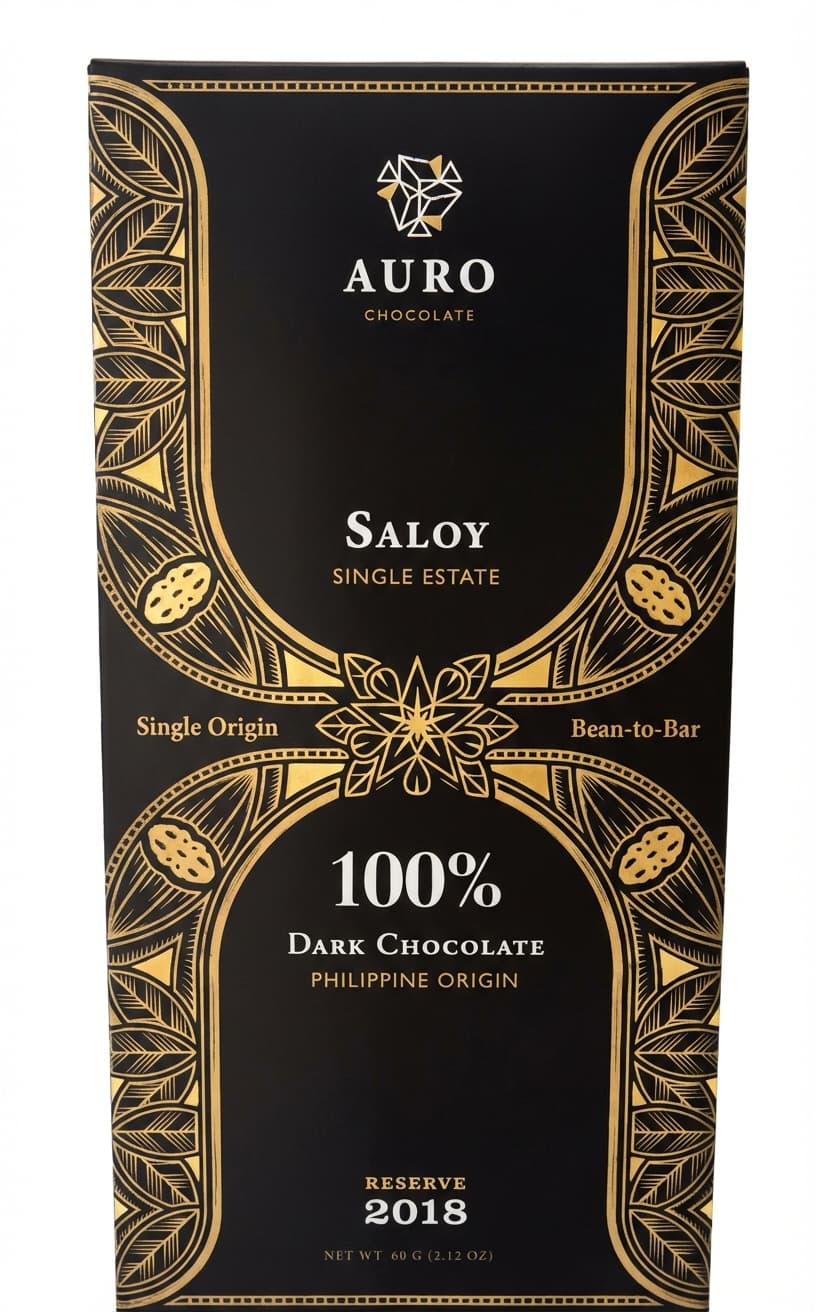 Saloy 100% 100% dark bar packaging by AURO