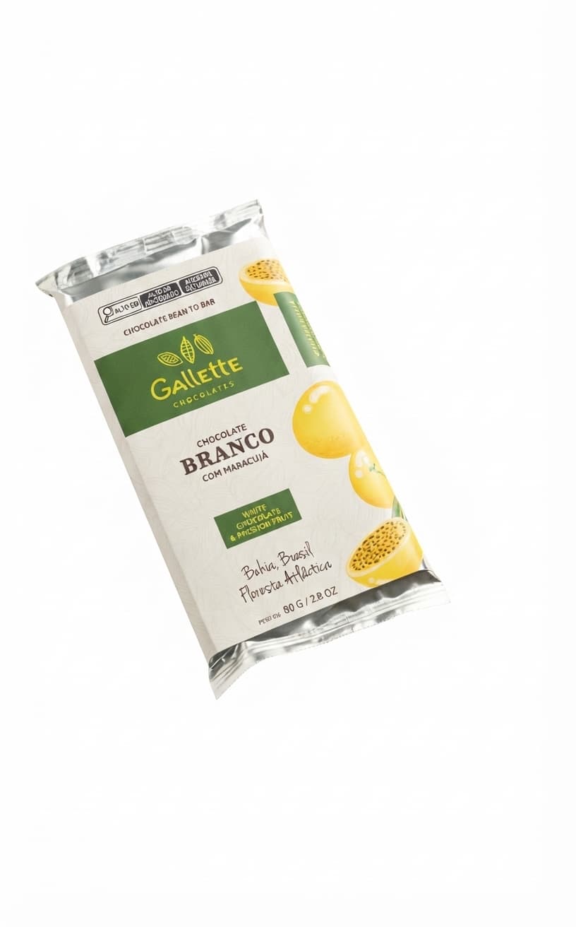White Chocolate & Passion Fruit null% white bar packaging by Gallette Chocolates