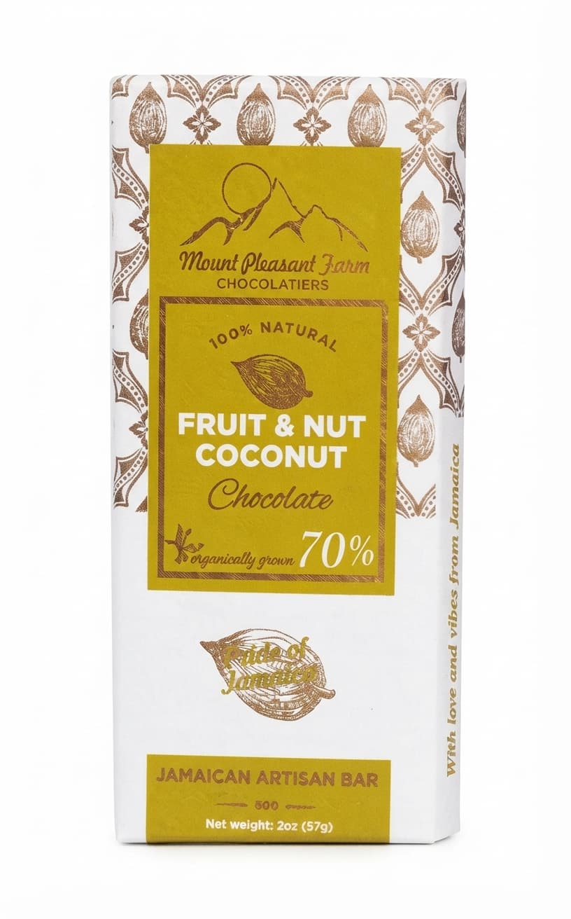 Fruit & Nut Coconut 70% 70% dark bar packaging by Mount Pleasant Farm Chocolatiers